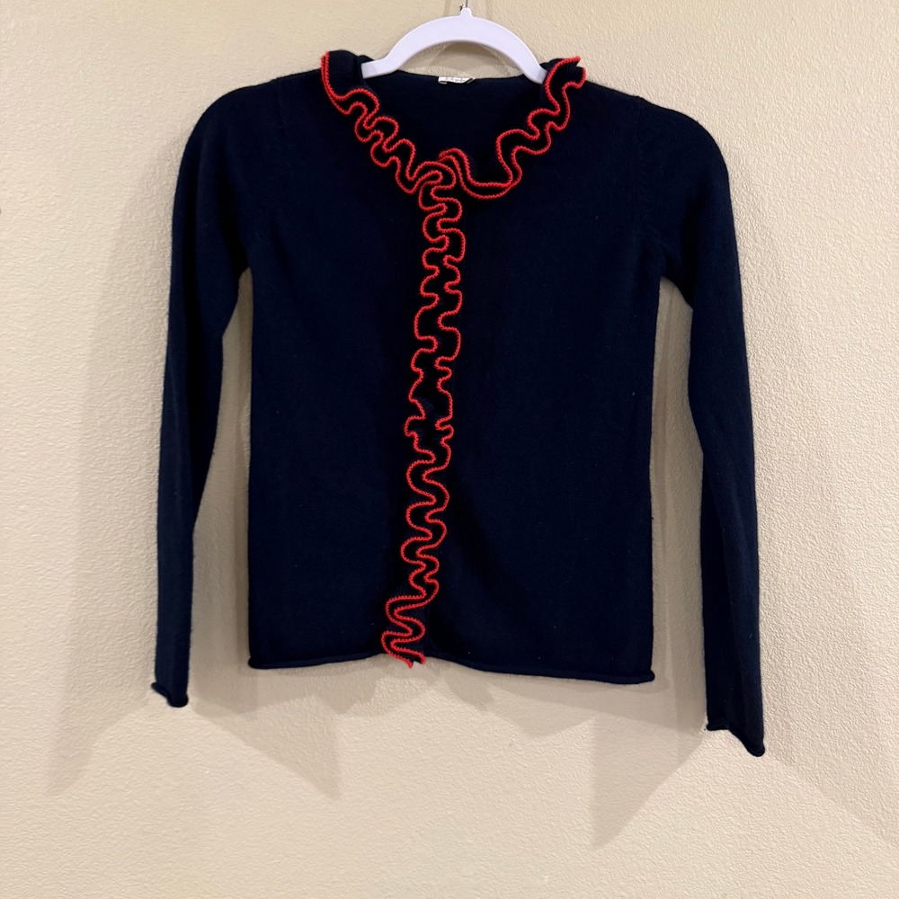 Il Gufo Cardigan Kids 12Y Navy Blue Red Ruffle Trim Virgin Wool Chic‎